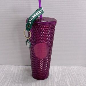 Starbucks 24 ounce Tumbler Cup sparking Purple AND keychain in Green NEW
